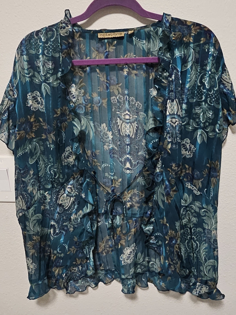 Y2k Notations XL Floral Sheer Ruffle Tie Front Shrug - Teal & Brown